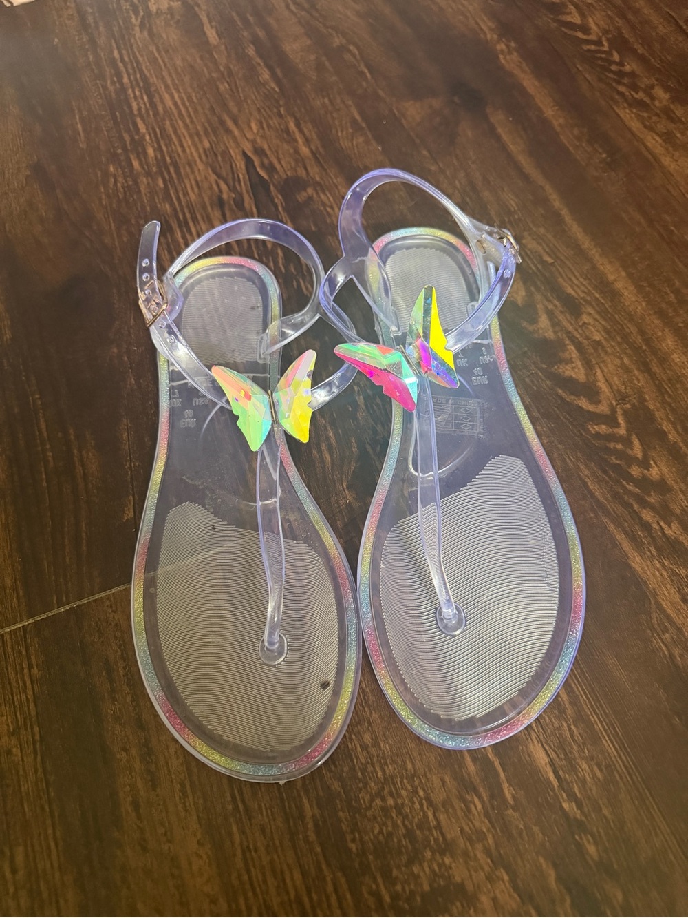 Iridescent Clear Jelly Sandals with Holographic Butterfly Accent - Women's